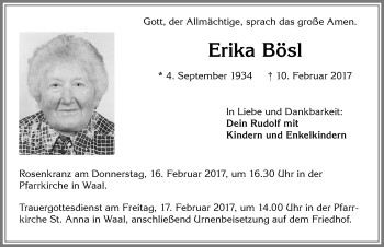 Traueranzeige von Erika Bösl von Allgäuer Zeitung, Kaufbeuren/Buchloe