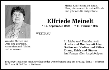 Traueranzeige von Elfriede Meinelt von Allgäuer Anzeigeblatt