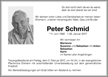 Traueranzeige von Peter Schmid von Memminger Zeitung