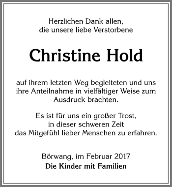 Traueranzeige von Christine Hold von Allgäuer Zeitung,Kempten