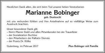 Traueranzeige von Marianne Bobinger von Allgäuer Zeitung, Kaufbeuren/Buchloe