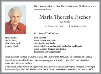 Traueranzeige von Maria Theresia Fischer von Allgäuer Zeitung