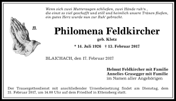 Traueranzeige von Philomena Feldkircher von Allgäuer Anzeigeblatt