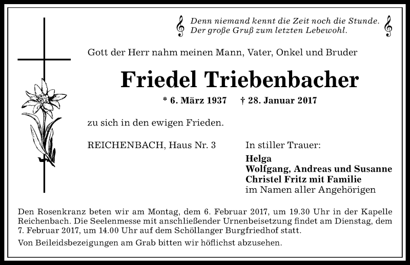  Traueranzeige für Friedel Triebenbacher vom 02.02.2017 aus Allgäuer Anzeigeblatt