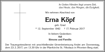 Traueranzeige von Erna Köpf von Allgäuer Zeitung, Füssen