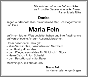 Traueranzeige von Maria Fein von Memminger Zeitung
