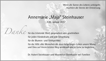 Traueranzeige von Annemarie Steinhauser von Allgäuer Zeitung,Kempten