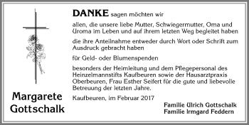 Traueranzeige von Margarete Gottschalk von Allgäuer Zeitung, Kaufbeuren/Buchloe