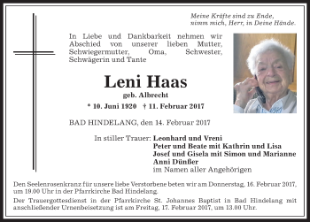 Traueranzeige von Leni Haas von Allgäuer Anzeigeblatt