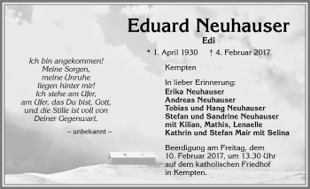 Traueranzeige von Eduard Neuhauser von Allgäuer Zeitung,Kempten