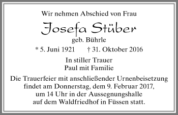 Traueranzeige von Josefa Stüber von Allgäuer Zeitung, Füssen