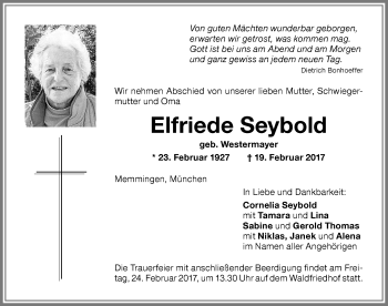 Traueranzeige von Elfriede Seybold von Memminger Zeitung