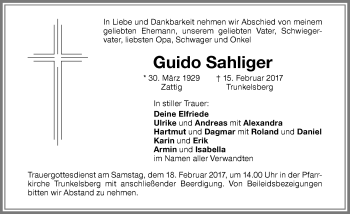 Traueranzeige von Guido Sahliger von Memminger Zeitung