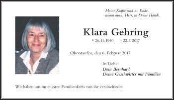 Traueranzeige von Klara Gehring von Der Westallgäuer