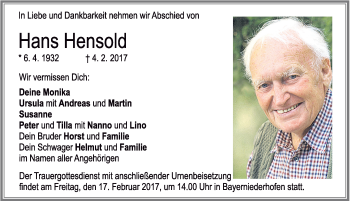 Traueranzeige von Hans Hensold von Allgäuer Zeitung, Füssen