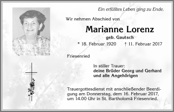 Traueranzeige von Marianne Lorenz von Allgäuer Zeitung, Kaufbeuren/Buchloe