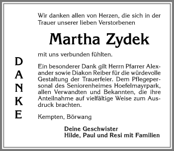 Traueranzeige von Martha Zydek von Allgäuer Zeitung,Kempten
