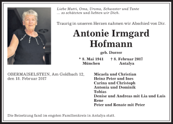 Traueranzeige von Antonie Irmgard Hofmann von Allgäuer Anzeigeblatt
