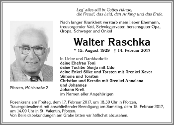 Traueranzeige von Walter Raschka von Allgäuer Zeitung, Kaufbeuren/Buchloe