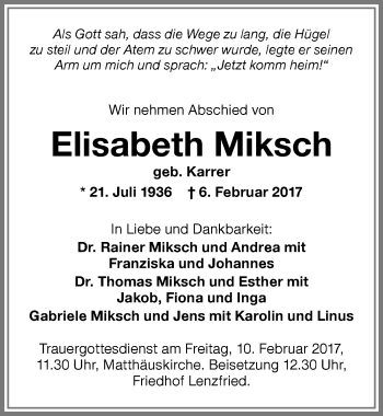 Traueranzeige von Elisabeth Miksch von Allgäuer Zeitung