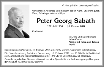 Traueranzeige von Peter Georg Sabath von Allgäuer Zeitung, Marktoberdorf