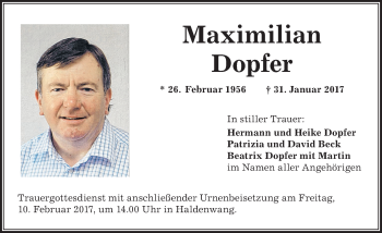 Traueranzeige von Maximilian Dopfer von Allgäuer Anzeigeblatt