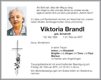 Traueranzeige von Viktoria Brandl von Memminger Zeitung