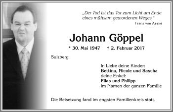 Traueranzeige von Johann Göppel von Allgäuer Zeitung,Kempten