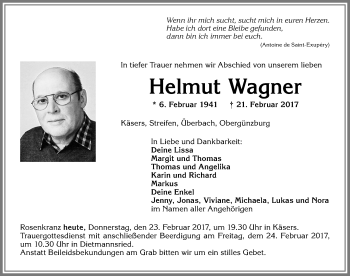 Traueranzeige von Helmut Wagner von Allgäuer Zeitung,Kempten