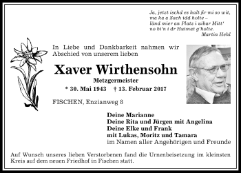 Traueranzeige von Xaver Wirthensohn von Allgäuer Anzeigeblatt