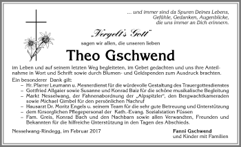 Traueranzeige von Theo Gschwend von Allgäuer Zeitung, Füssen