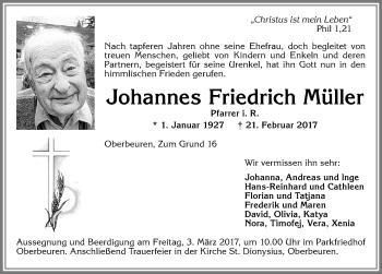 Traueranzeige von Johannes Friedrich Müller von Allgäuer Zeitung, Kaufbeuren/Buchloe