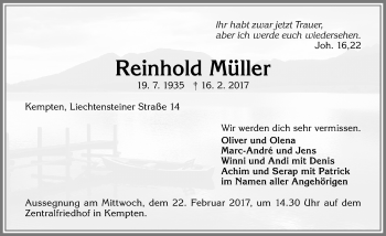 Traueranzeige von Reinhold Müller von Allgäuer Zeitung,Kempten