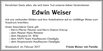 Traueranzeige von Edwin Weiser von Allgäuer Zeitung, Kaufbeuren/Buchloe