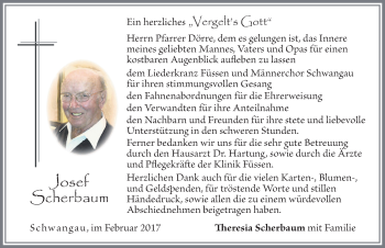 Traueranzeige von Josef Scherbaum von Allgäuer Zeitung, Füssen