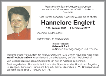 Traueranzeige von Hannelore Englert von Memminger Zeitung
