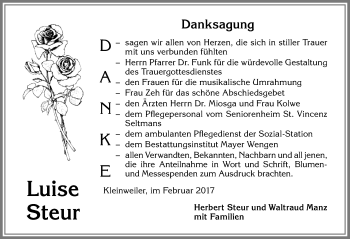 Traueranzeige von Luise Steur von Allgäuer Zeitung,Kempten