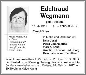 Traueranzeige von Edeltraud Wegmann von Allgäuer Zeitung,Kempten