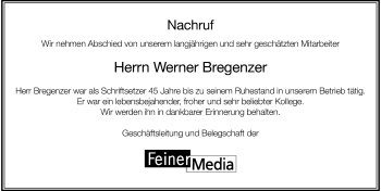 Traueranzeige von Werner Bregenzer von Memminger Zeitung