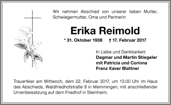 Traueranzeige von Erika Reimold von Memminger Zeitung