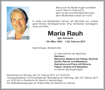 Traueranzeige von Maria Rauh von Memminger Zeitung