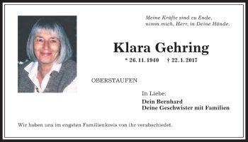 Traueranzeige von Klara Gehring von Allgäuer Anzeigeblatt