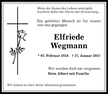 Traueranzeige von Elfriede Wegmann von Allgäuer Anzeigeblatt