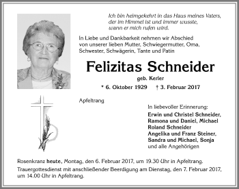 Traueranzeige von Felizitas Schneider von Allgäuer Zeitung, Kaufbeuren/Buchloe