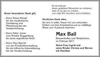 Traueranzeige von Max Bail von Allgäuer Zeitung, Kaufbeuren/Buchloe