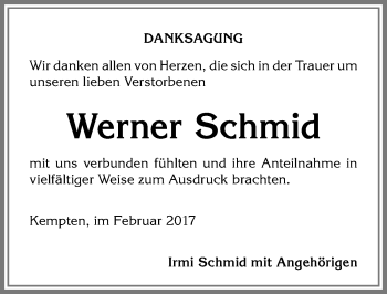 Traueranzeige von Werner Schmid von Allgäuer Zeitung,Kempten