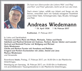 Traueranzeige von Andreas Wiedemann von Allgäuer Zeitung, Marktoberdorf