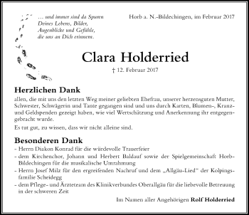 Traueranzeige von Clara Holderried von Der Westallgäuer