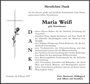 Traueranzeige von Maria Weiß von Der Westallgäuer