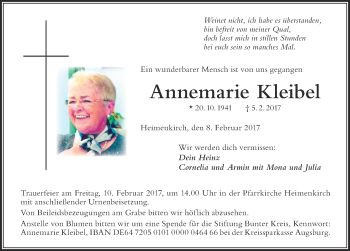 Traueranzeige von Annemarie Kleibel von Der Westallgäuer